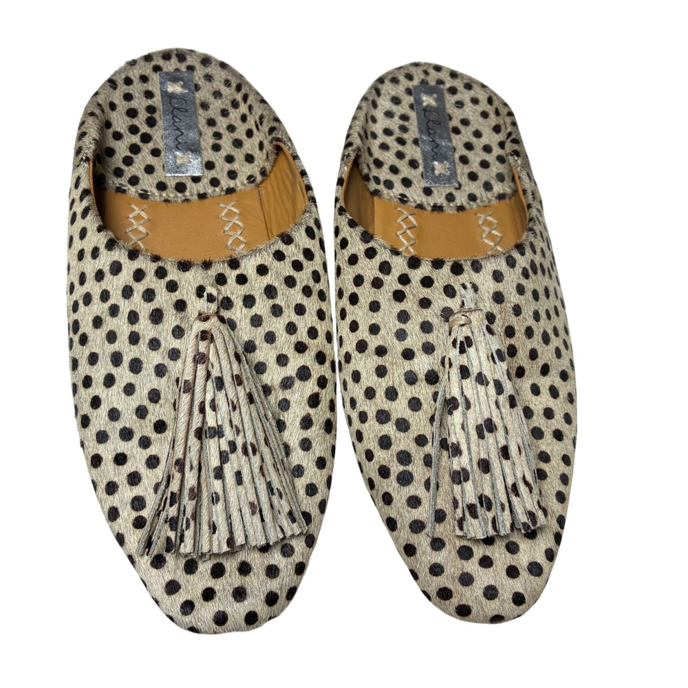 Clanni Calf Hair Polka Dot Mules Tassel Pointed Toe Tan Black Shoes Size 7.5
